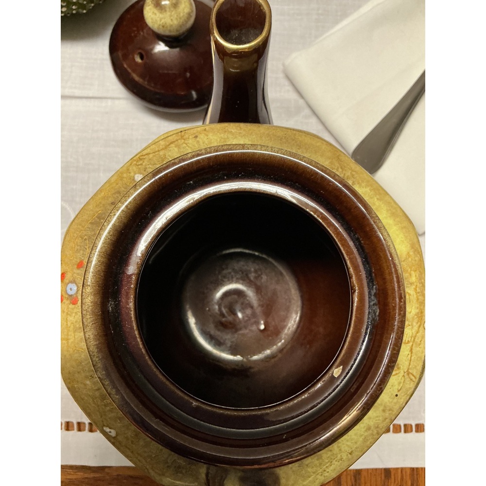 Vintage Japanese Ceramic Teapot Brown Drip Glaze Hand Painted Floral Hexagonal - Picture 7 of 11